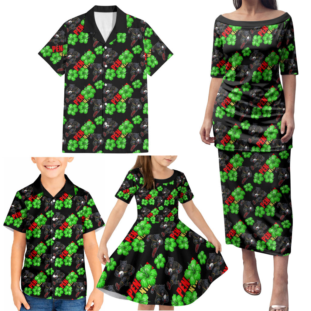 Penrith Panthers Family Matching Puletasi and Hawaiian Shirt Tropical Hibiscus Floral Seamless Rugby Mascot