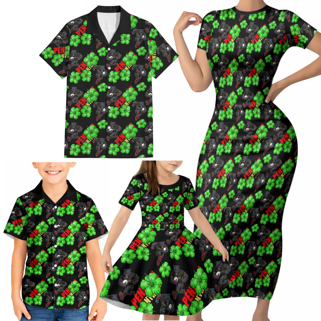 Penrith Panthers Family Matching Short Sleeve Bodycon Dress and Hawaiian Shirt Tropical Hibiscus Floral Seamless Rugby Mascot