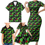 Penrith Panthers Family Matching Short Sleeve Bodycon Dress and Hawaiian Shirt Tropical Hibiscus Floral Seamless Rugby Mascot