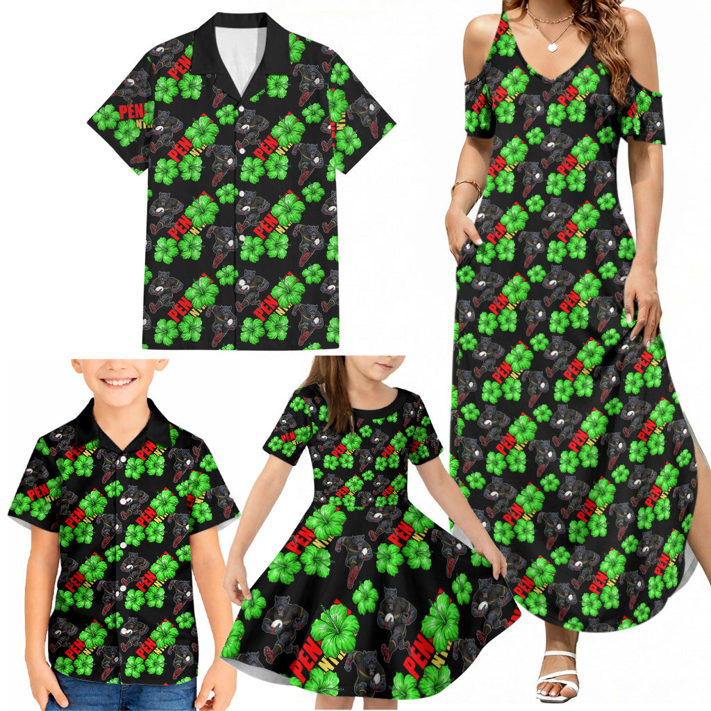 Penrith Panthers Family Matching Summer Maxi Dress and Hawaiian Shirt Tropical Hibiscus Floral Seamless Rugby Mascot