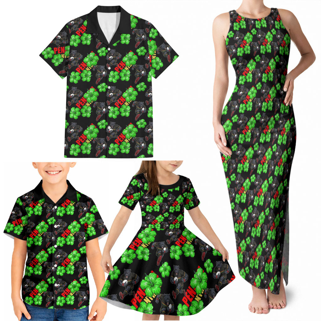 Penrith Panthers Family Matching Tank Maxi Dress and Hawaiian Shirt Tropical Hibiscus Floral Seamless Rugby Mascot