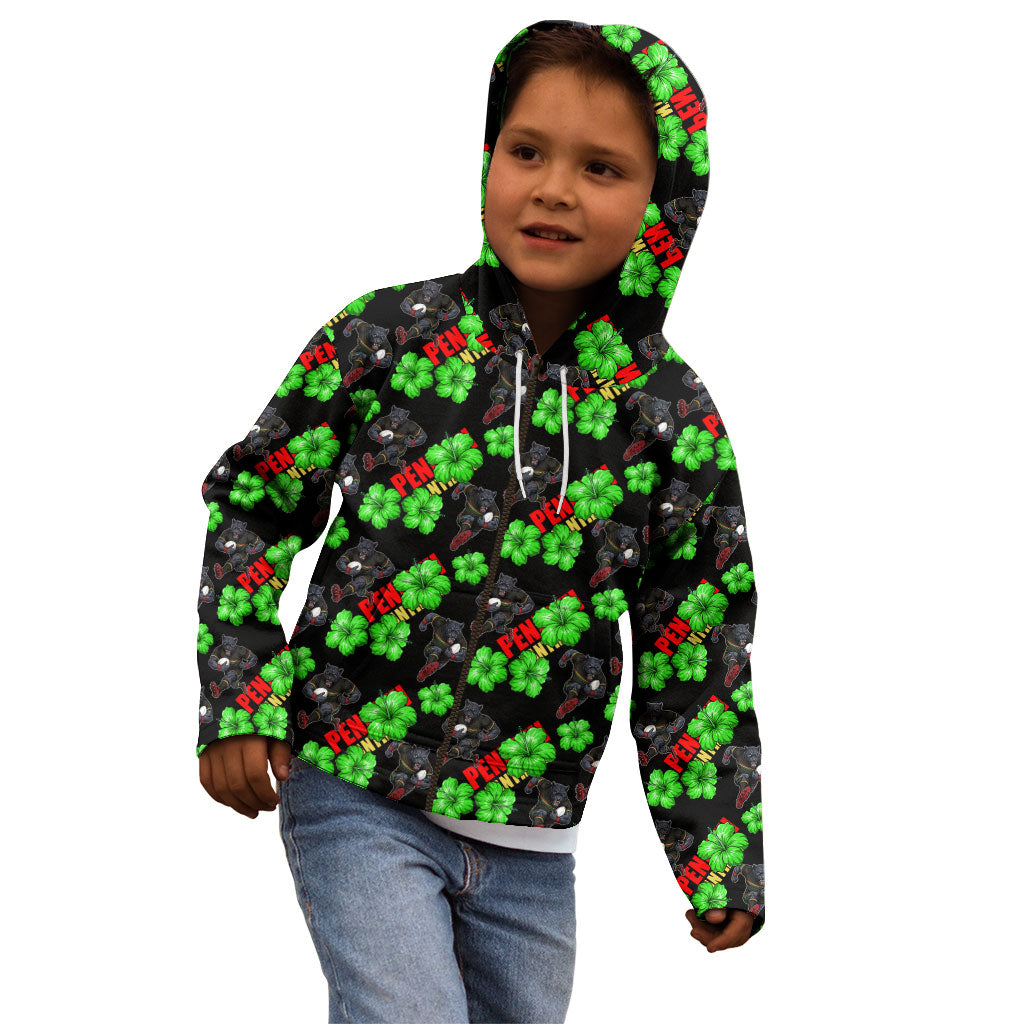 Penrith Panthers Kid Hoodie Tropical Hibiscus Floral Seamless Rugby Mascot