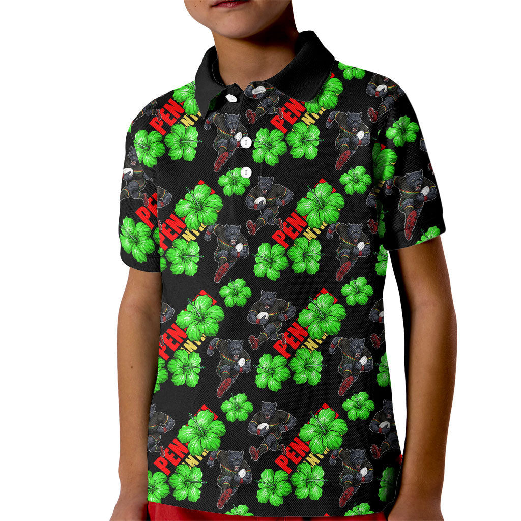 Penrith Panthers Kid Polo Shirt Tropical Hibiscus Floral Seamless Rugby Mascot