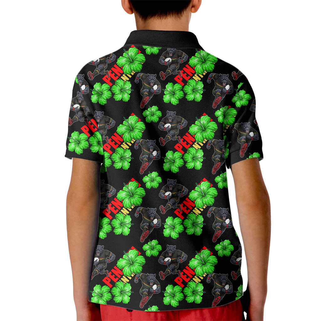 Penrith Panthers Kid Polo Shirt Tropical Hibiscus Floral Seamless Rugby Mascot