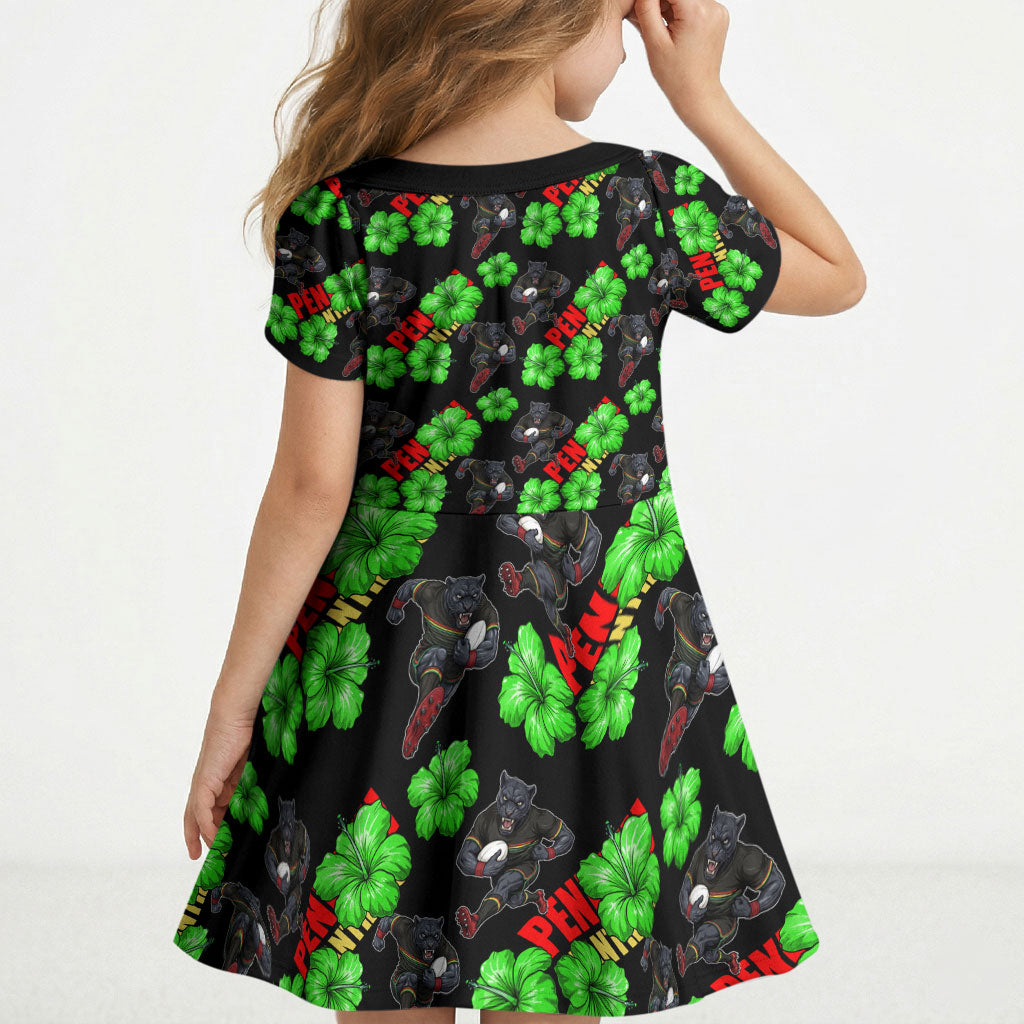 Penrith Panthers Kid Short Sleeve Dress Tropical Hibiscus Floral Seamless Rugby Mascot