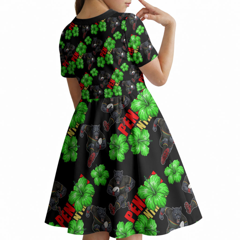 Penrith Panthers Kid Short Sleeve Dress Tropical Hibiscus Floral Seamless Rugby Mascot