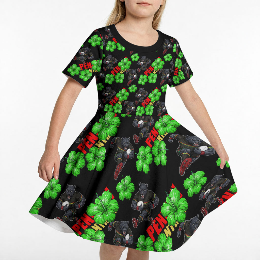 Penrith Panthers Kid Short Sleeve Dress Tropical Hibiscus Floral Seamless Rugby Mascot