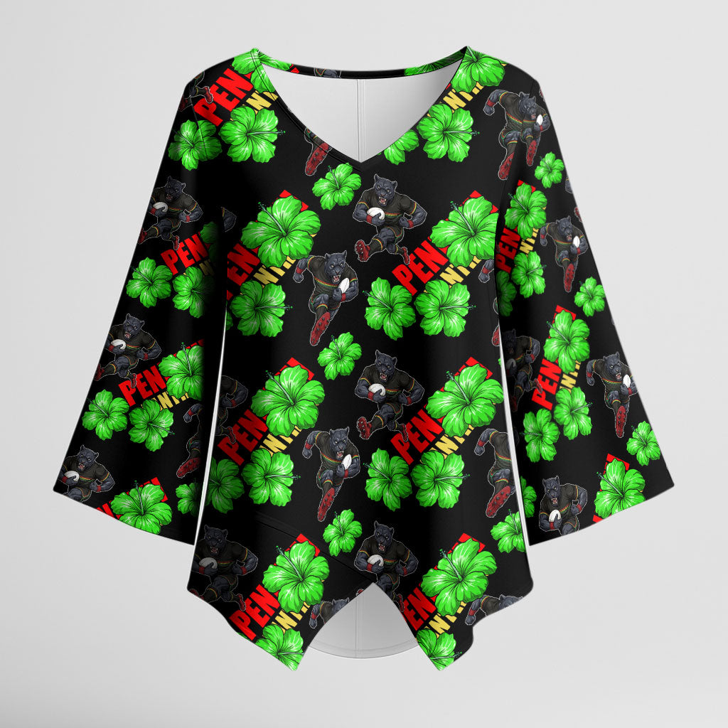 Penrith Panthers Kimono Sleeve Blouse Tropical Hibiscus Floral Seamless Rugby Mascot
