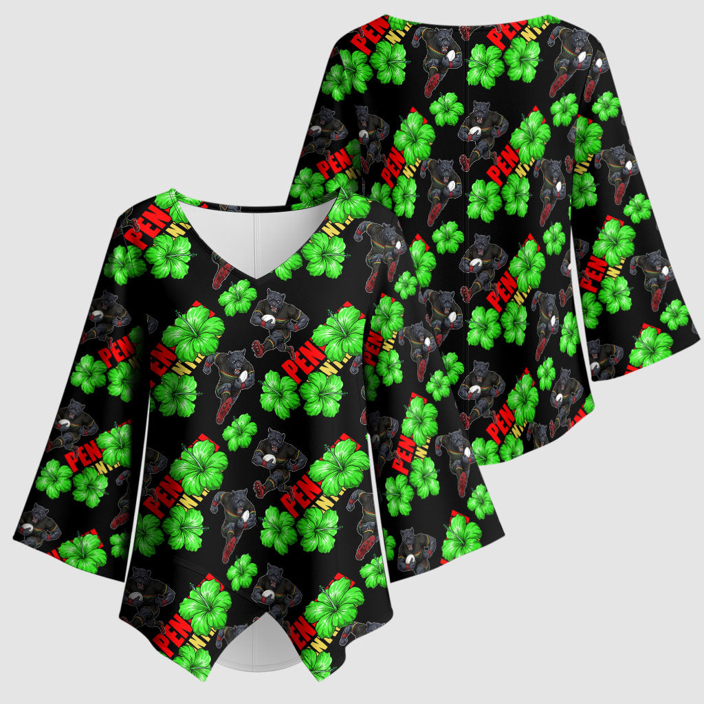 Penrith Panthers Kimono Sleeve Blouse Tropical Hibiscus Floral Seamless Rugby Mascot