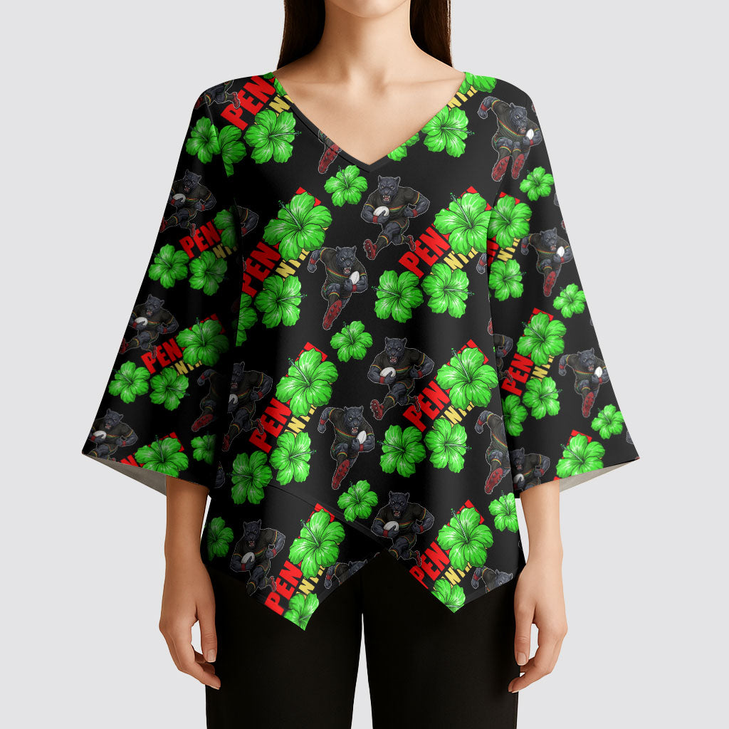 Penrith Panthers Kimono Sleeve Blouse Tropical Hibiscus Floral Seamless Rugby Mascot