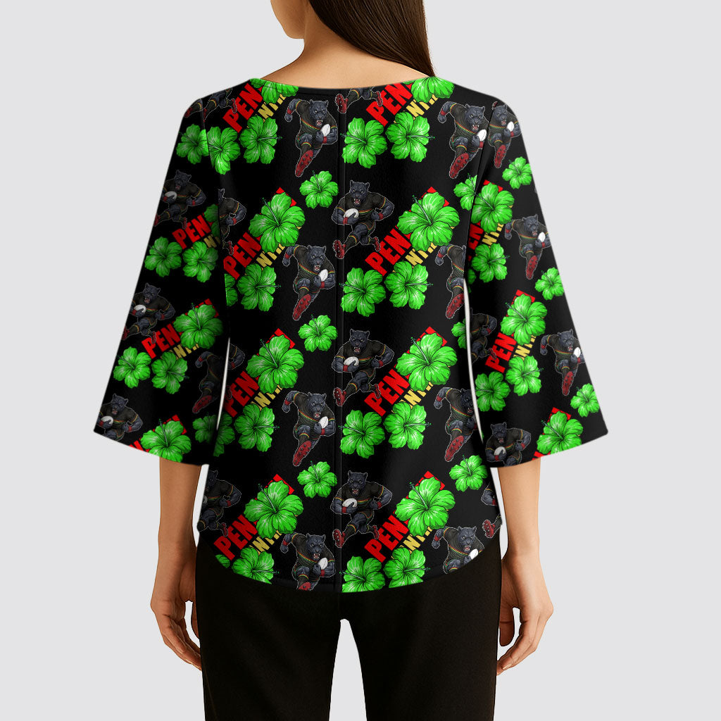 Penrith Panthers Kimono Sleeve Blouse Tropical Hibiscus Floral Seamless Rugby Mascot