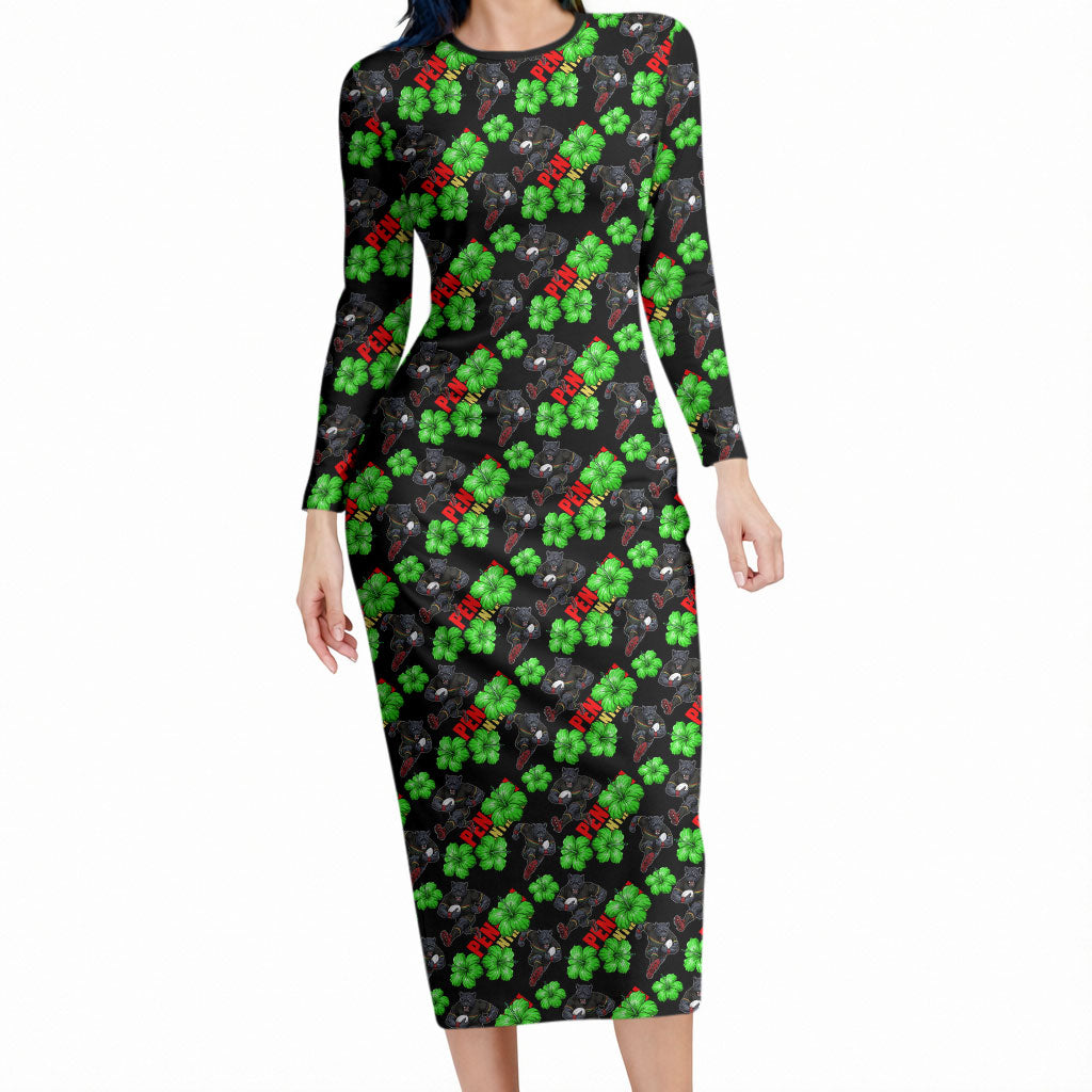 Penrith Panthers Long Sleeve Bodycon Dress Tropical Hibiscus Floral Seamless Rugby Mascot