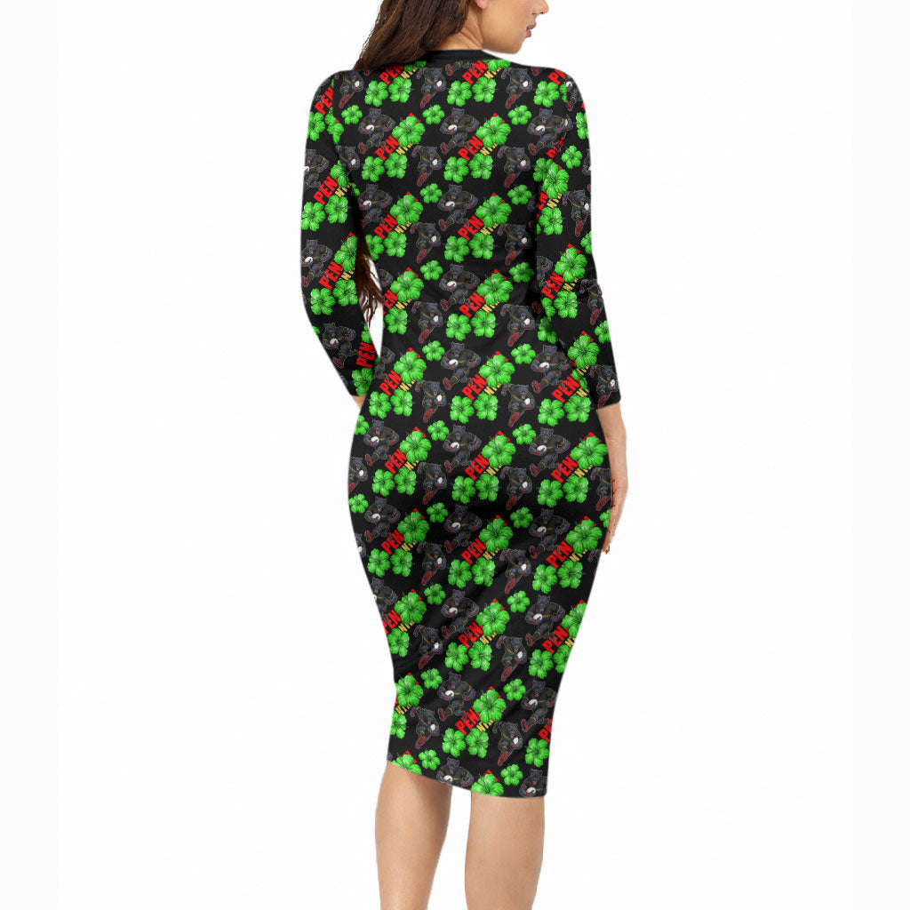 Penrith Panthers Long Sleeve Bodycon Dress Tropical Hibiscus Floral Seamless Rugby Mascot