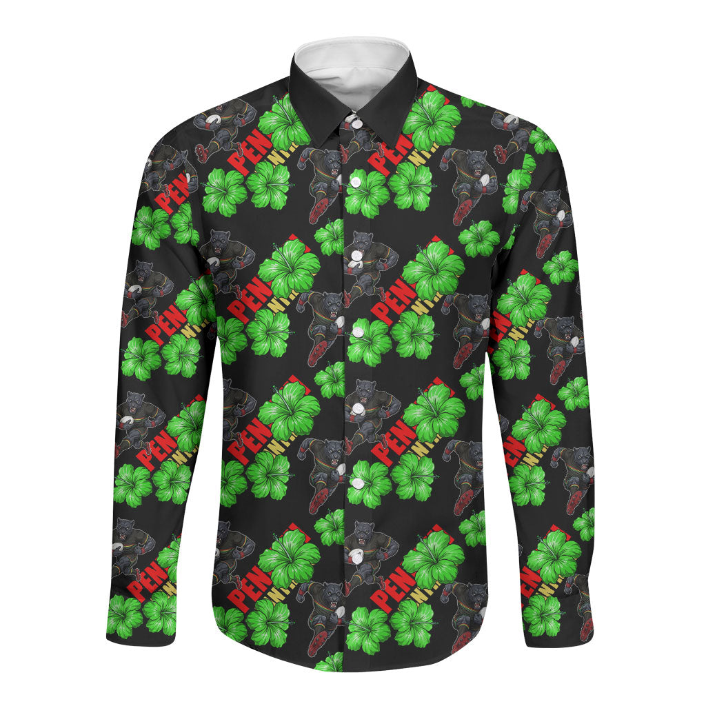 Penrith Panthers Long Sleeve Button Shirt Tropical Hibiscus Floral Seamless Rugby Mascot