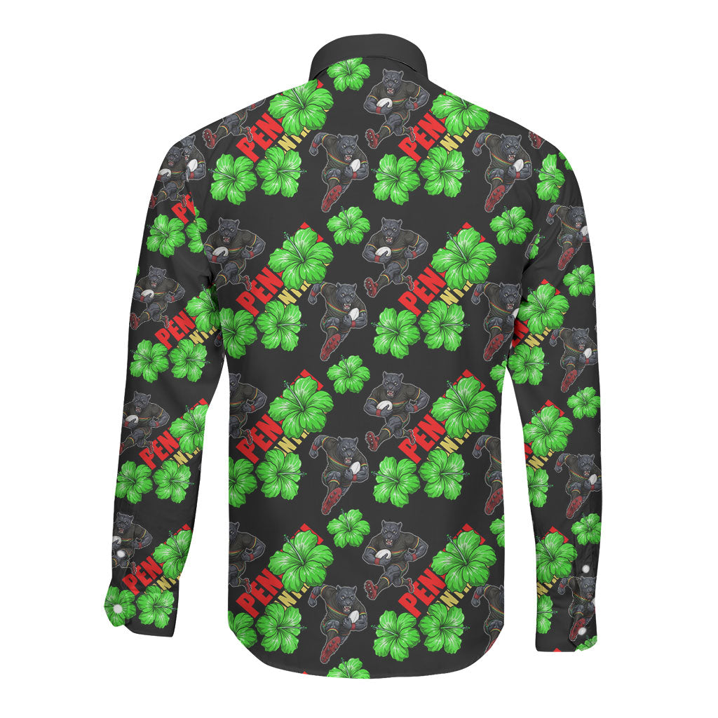 Penrith Panthers Long Sleeve Button Shirt Tropical Hibiscus Floral Seamless Rugby Mascot