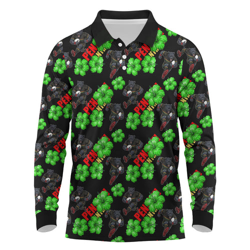 Penrith Panthers Long Sleeve Polo Shirt Tropical Hibiscus Floral Seamless Rugby Mascot