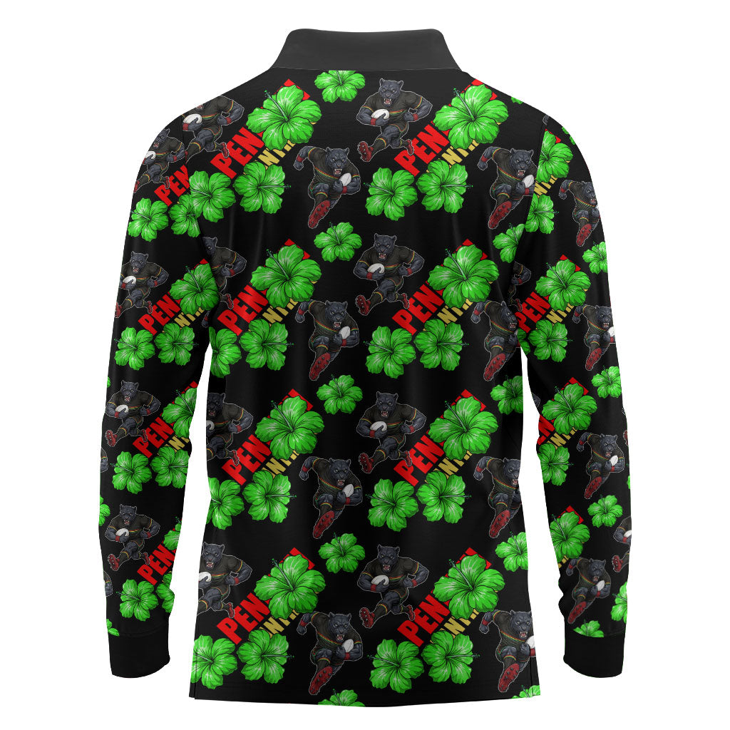 Penrith Panthers Long Sleeve Polo Shirt Tropical Hibiscus Floral Seamless Rugby Mascot