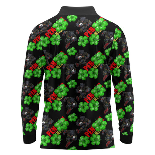 Penrith Panthers Long Sleeve Polo Shirt Tropical Hibiscus Floral Seamless Rugby Mascot