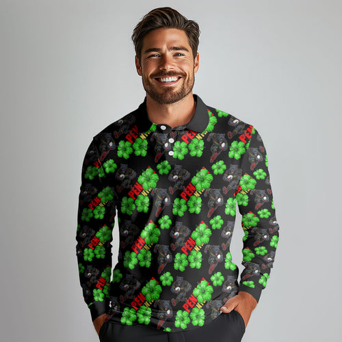 Penrith Panthers Long Sleeve Polo Shirt Tropical Hibiscus Floral Seamless Rugby Mascot