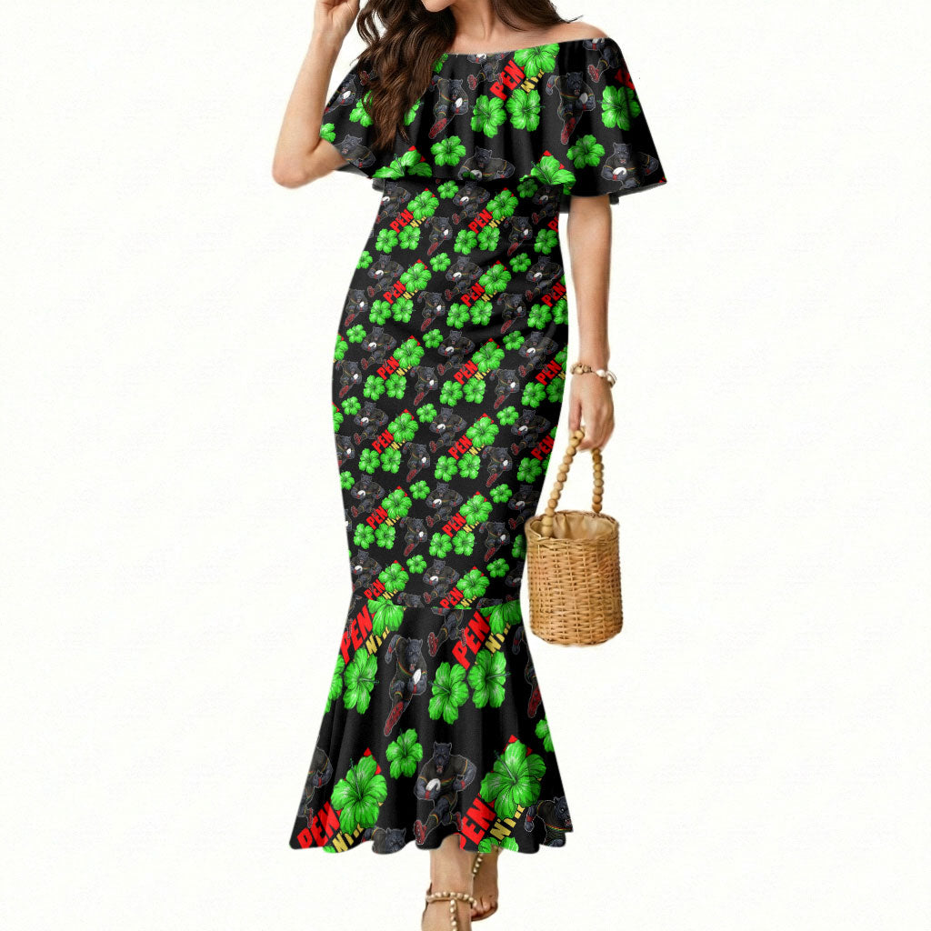 Penrith Panthers Mermaid Dress Tropical Hibiscus Floral Seamless Rugby Mascot