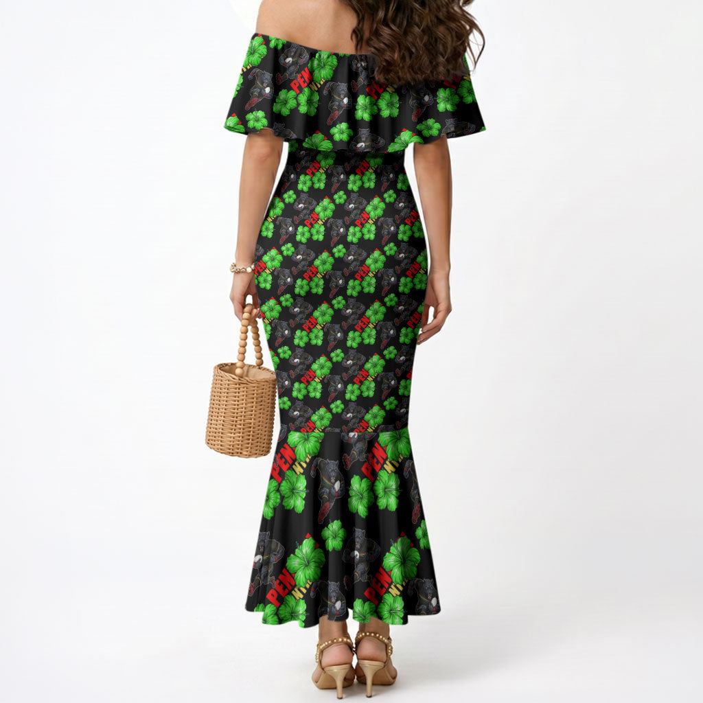 Penrith Panthers Mermaid Dress Tropical Hibiscus Floral Seamless Rugby Mascot