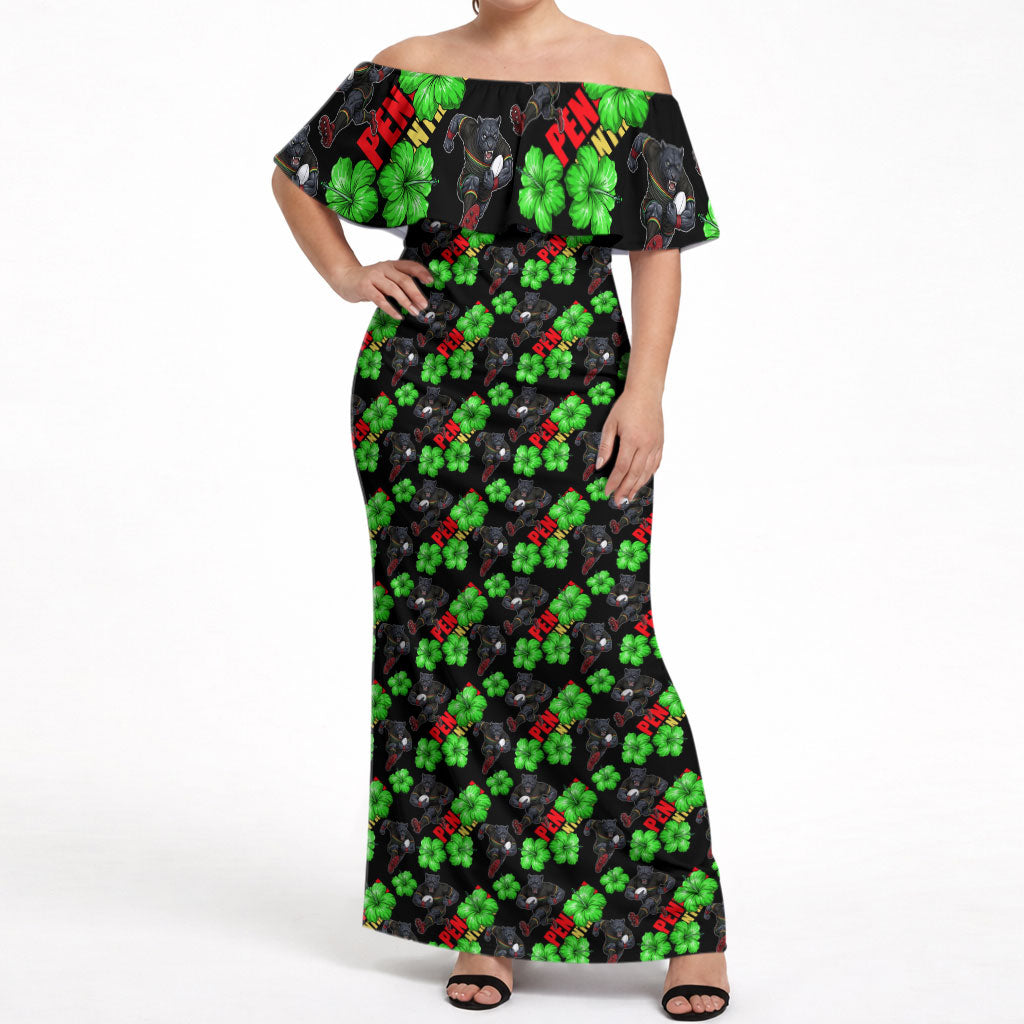 Penrith Panthers Off Shoulder Maxi Dress Tropical Hibiscus Floral Seamless Rugby Mascot