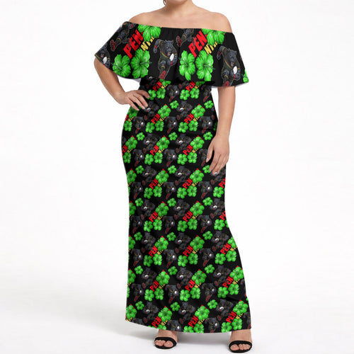 Penrith Panthers Off Shoulder Maxi Dress Tropical Hibiscus Floral Seamless Rugby Mascot