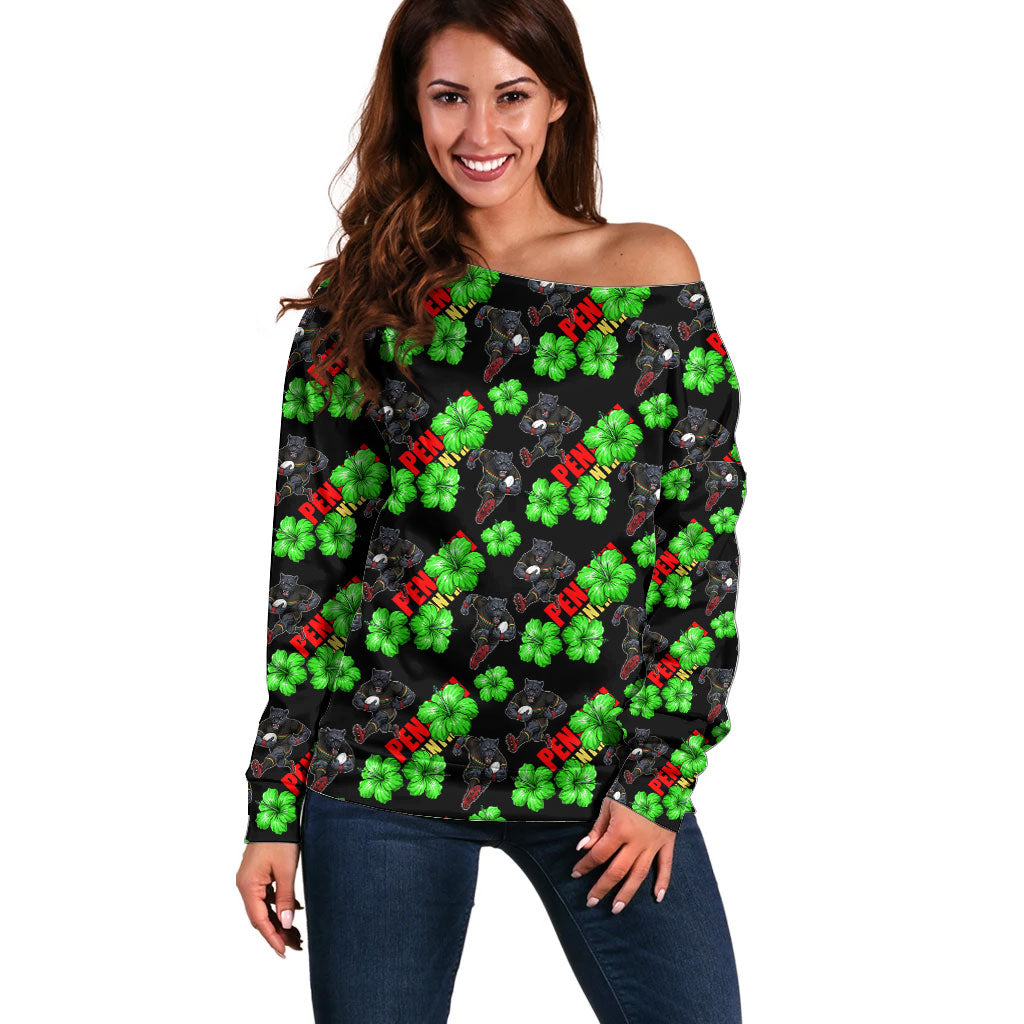 Penrith Panthers Off Shoulder Sweater Tropical Hibiscus Floral Seamless Rugby Mascot