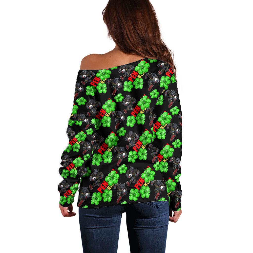 Penrith Panthers Off Shoulder Sweater Tropical Hibiscus Floral Seamless Rugby Mascot