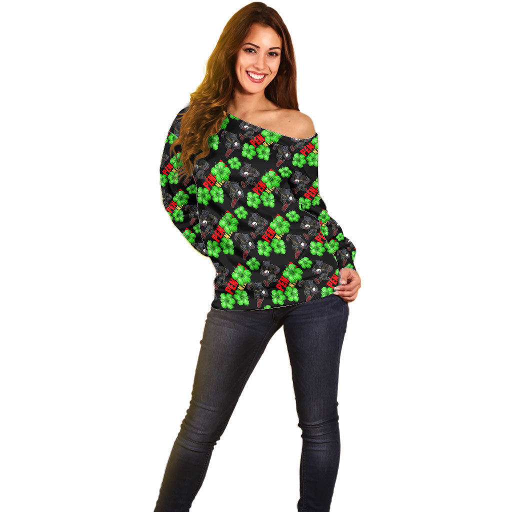Penrith Panthers Off Shoulder Sweater Tropical Hibiscus Floral Seamless Rugby Mascot