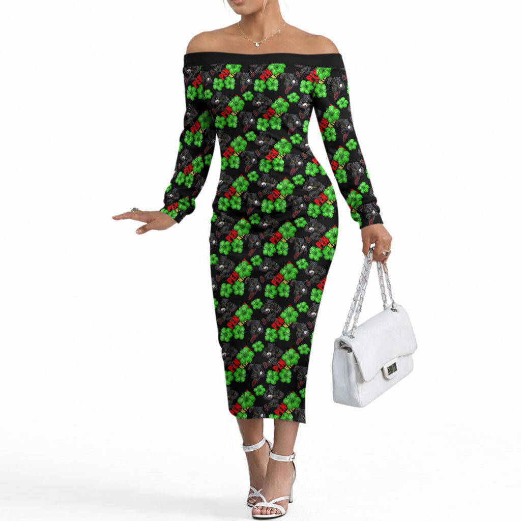 Penrith Panthers Off The Shoulder Long Sleeve Dress Tropical Hibiscus Floral Seamless Rugby Mascot
