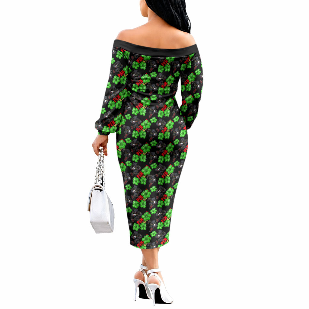 Penrith Panthers Off The Shoulder Long Sleeve Dress Tropical Hibiscus Floral Seamless Rugby Mascot