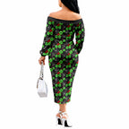Penrith Panthers Off The Shoulder Long Sleeve Dress Tropical Hibiscus Floral Seamless Rugby Mascot