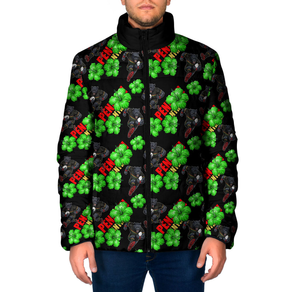Penrith Panthers Padded Jacket Tropical Hibiscus Floral Seamless Rugby Mascot