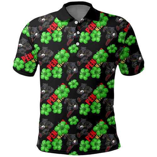 Penrith Panthers Polo Shirt Tropical Hibiscus Floral Seamless Rugby Mascot