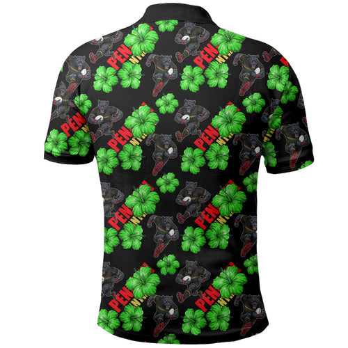 Penrith Panthers Polo Shirt Tropical Hibiscus Floral Seamless Rugby Mascot