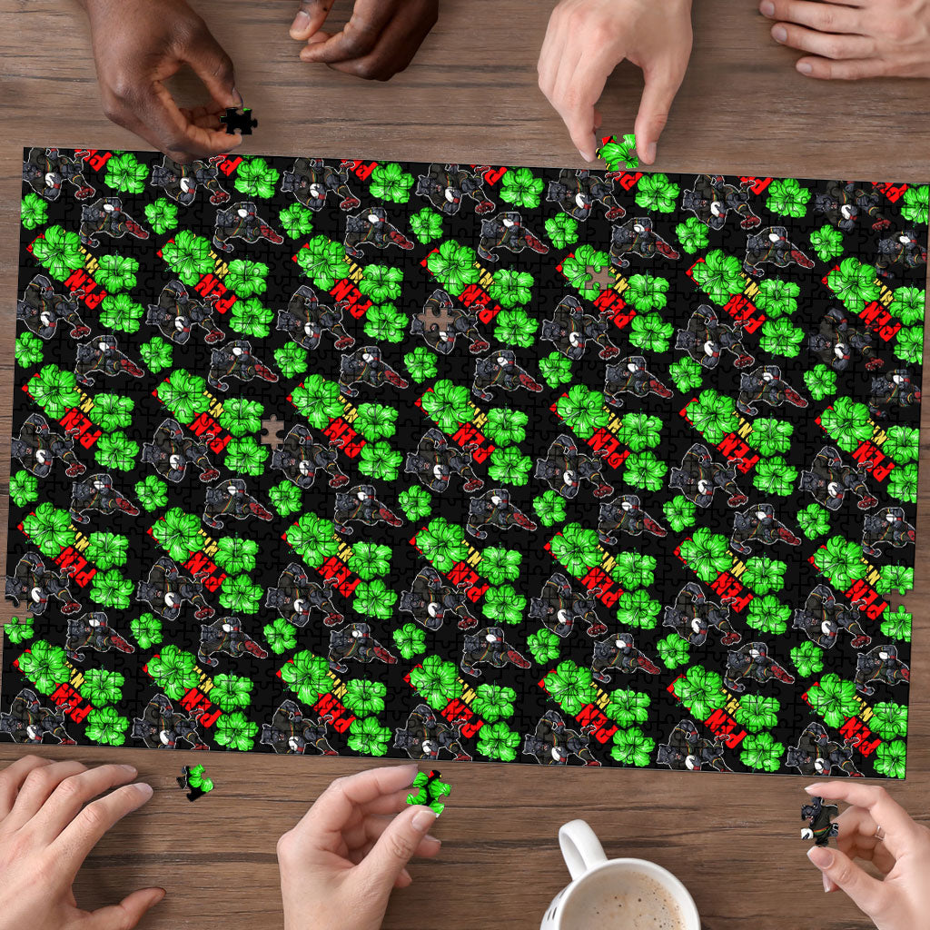 Penrith Panthers Puzzle Tropical Hibiscus Floral Seamless Rugby Mascot