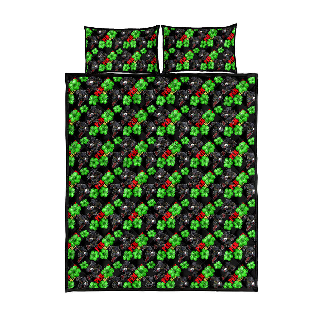 Penrith Panthers Quilt Bed Set Tropical Hibiscus Floral Seamless Rugby Mascot
