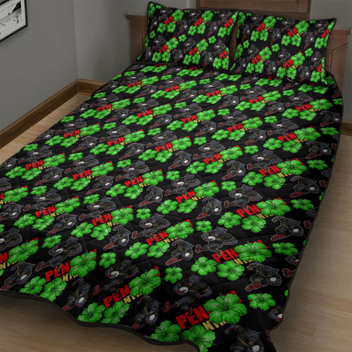 Penrith Panthers Quilt Bed Set Tropical Hibiscus Floral Seamless Rugby Mascot
