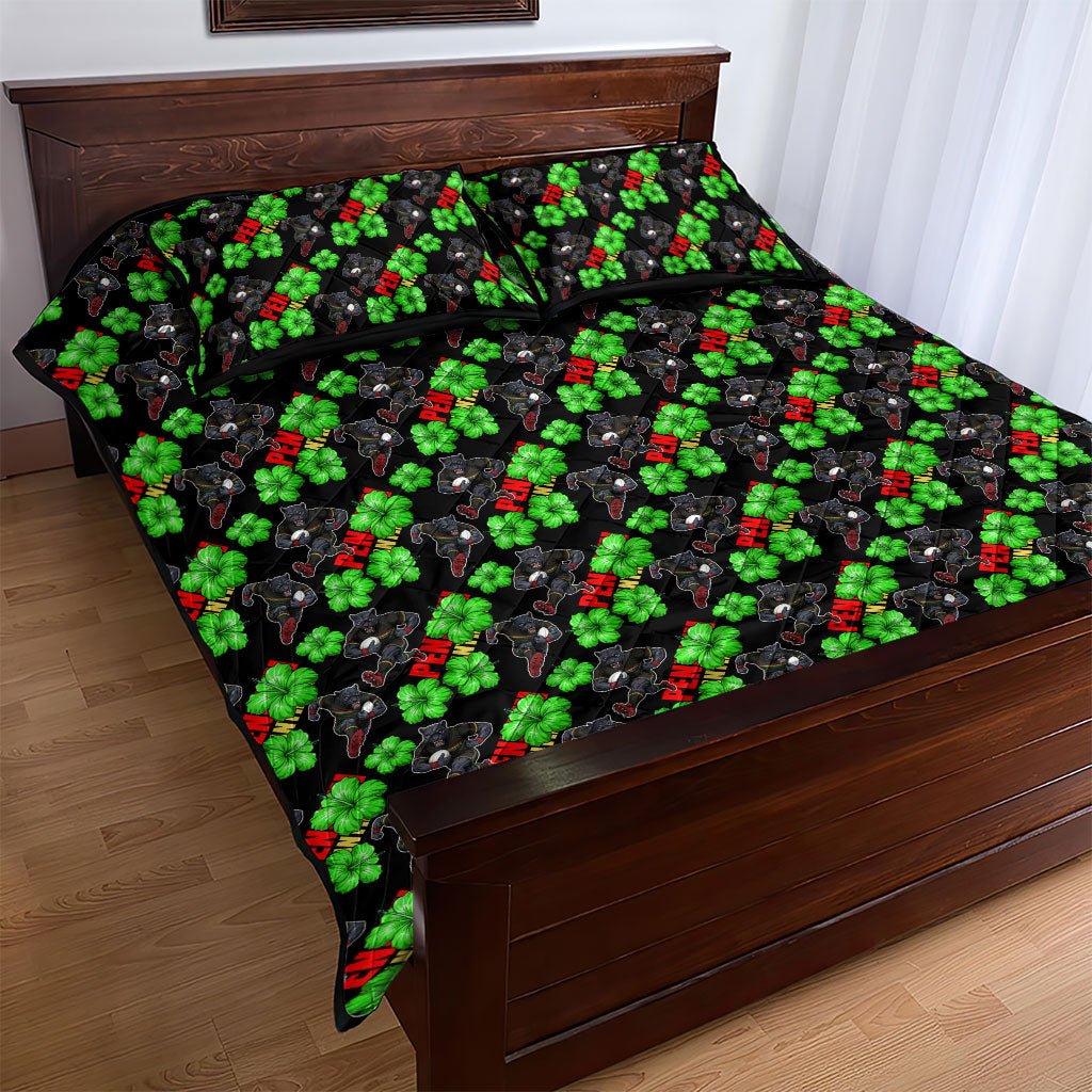 Penrith Panthers Quilt Bed Set Tropical Hibiscus Floral Seamless Rugby Mascot
