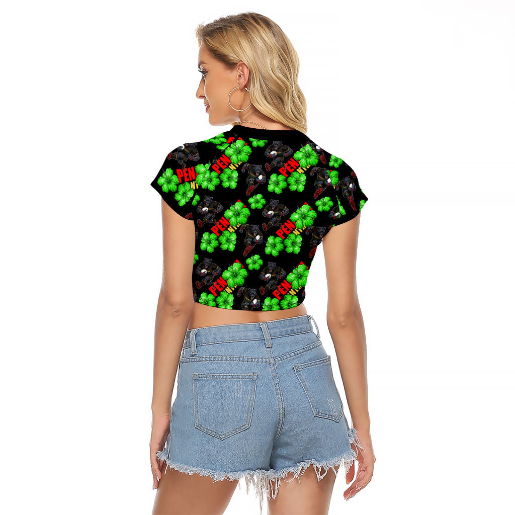 Penrith Panthers Raglan Cropped T Shirt Tropical Hibiscus Floral Seamless Rugby Mascot