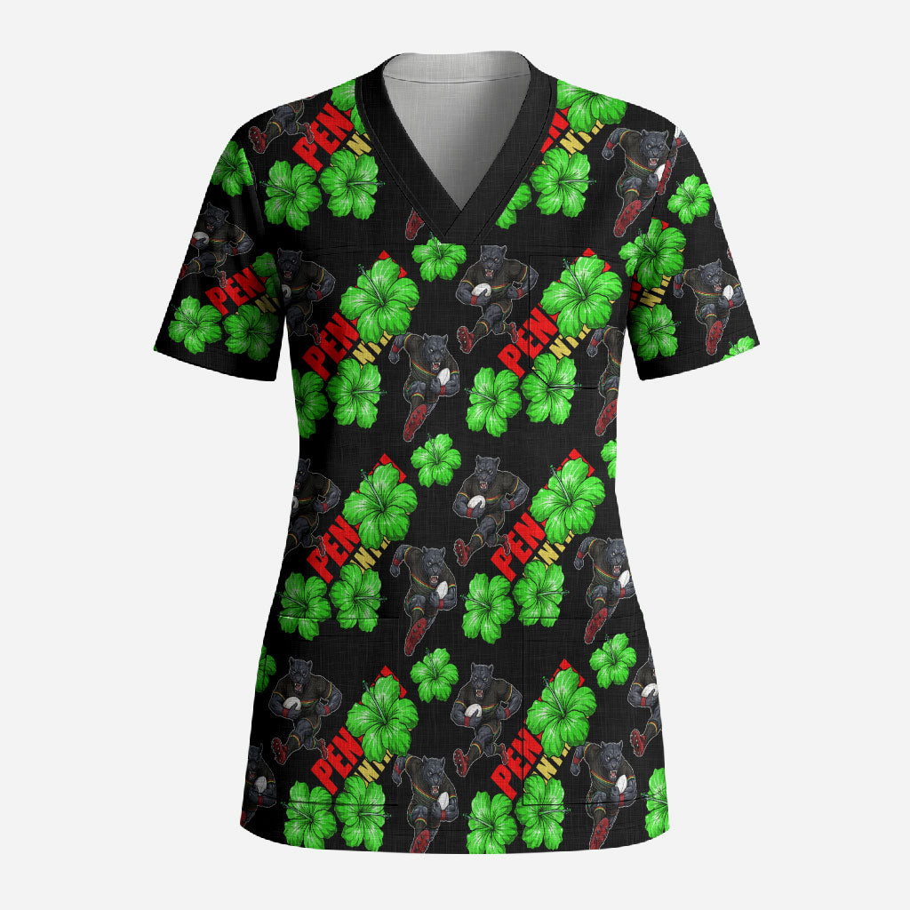Penrith Panthers Scrub Top Tropical Hibiscus Floral Seamless Rugby Mascot