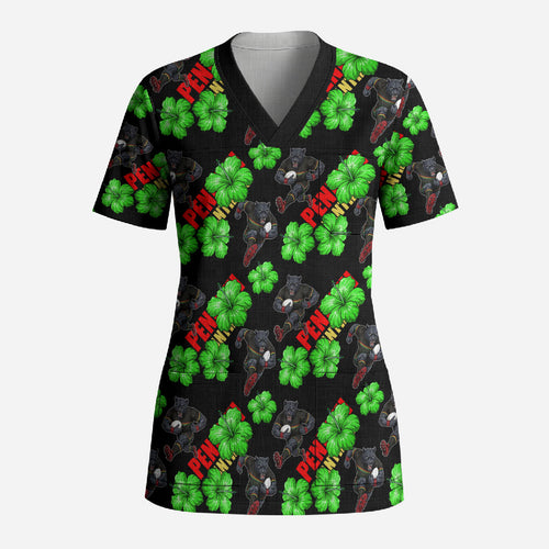 Penrith Panthers Scrub Top Tropical Hibiscus Floral Seamless Rugby Mascot