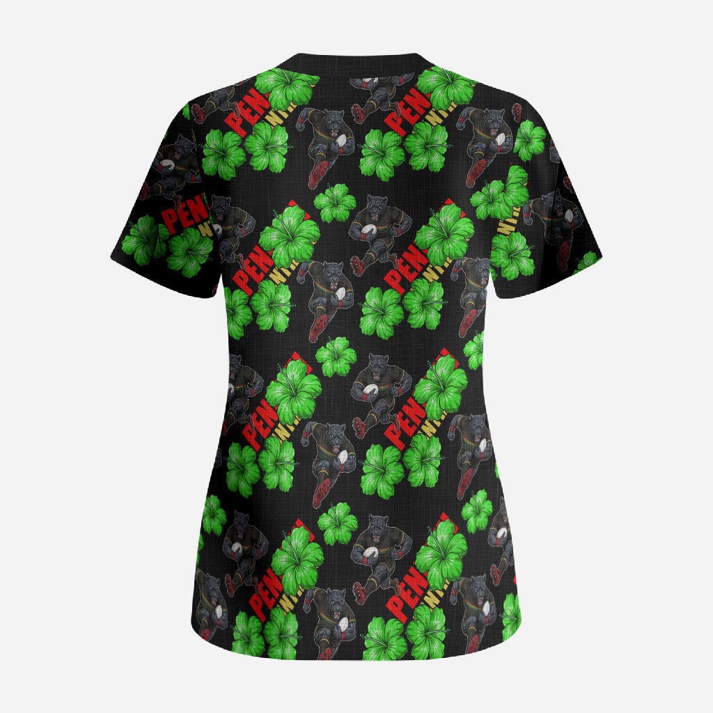 Penrith Panthers Scrub Top Tropical Hibiscus Floral Seamless Rugby Mascot