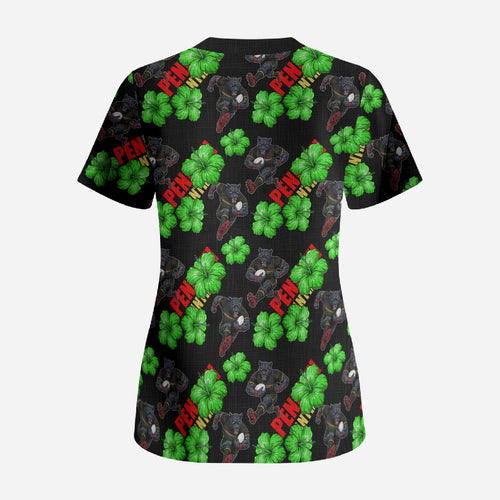 Penrith Panthers Scrub Top Tropical Hibiscus Floral Seamless Rugby Mascot