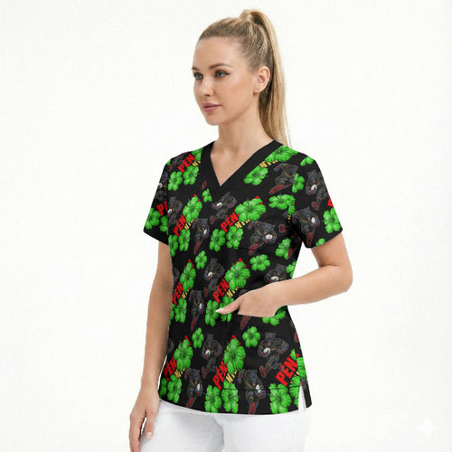 Penrith Panthers Scrub Top Tropical Hibiscus Floral Seamless Rugby Mascot