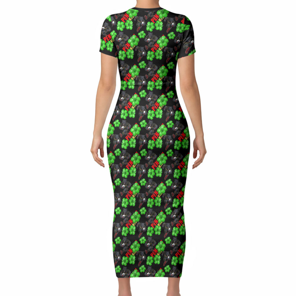 Penrith Panthers Short Sleeve Bodycon Dress Tropical Hibiscus Floral Seamless Rugby Mascot