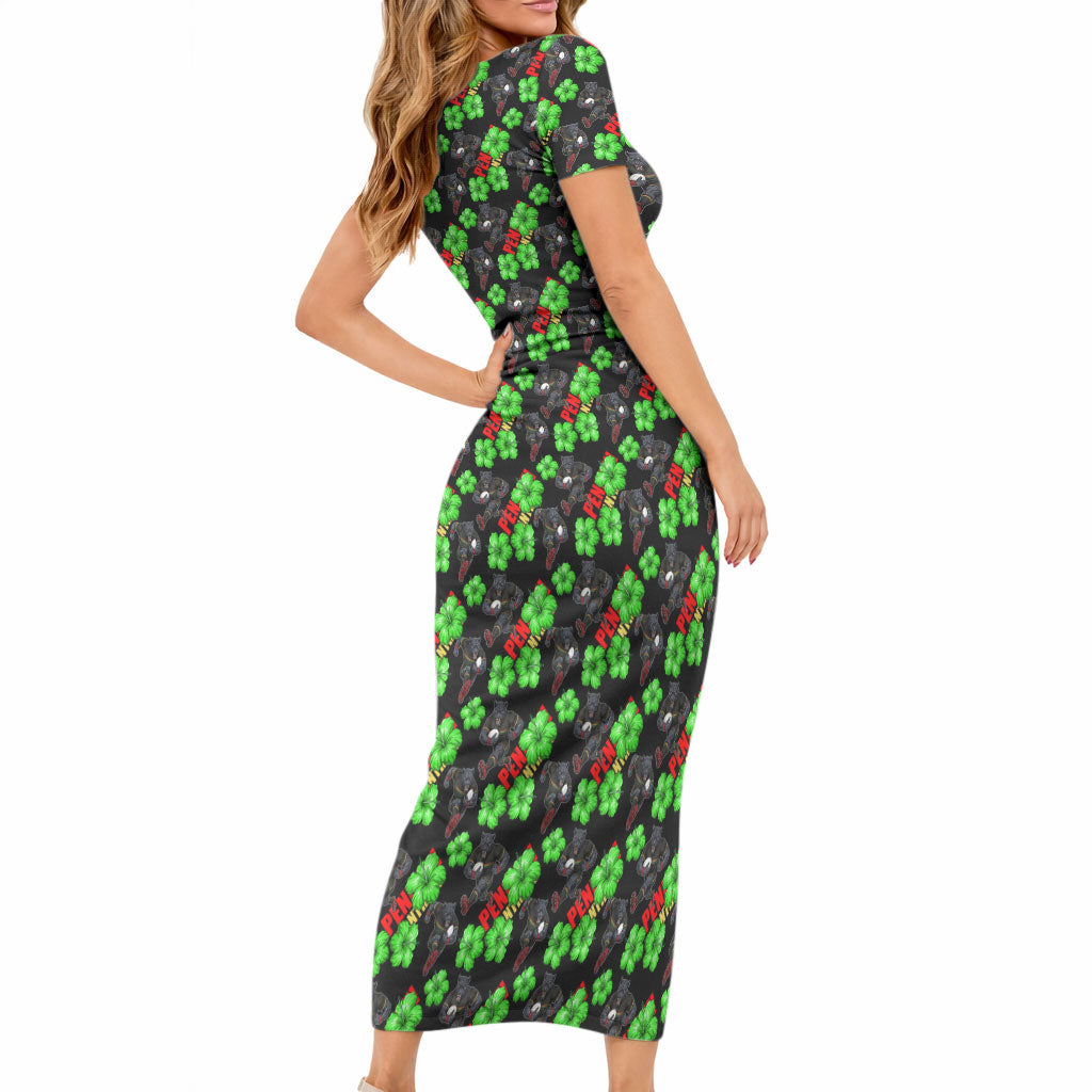 Penrith Panthers Short Sleeve Bodycon Dress Tropical Hibiscus Floral Seamless Rugby Mascot