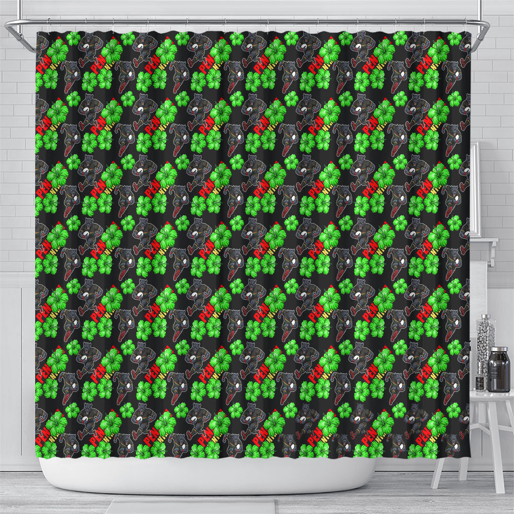 Penrith Panthers Shower Curtain Tropical Hibiscus Floral Seamless Rugby Mascot