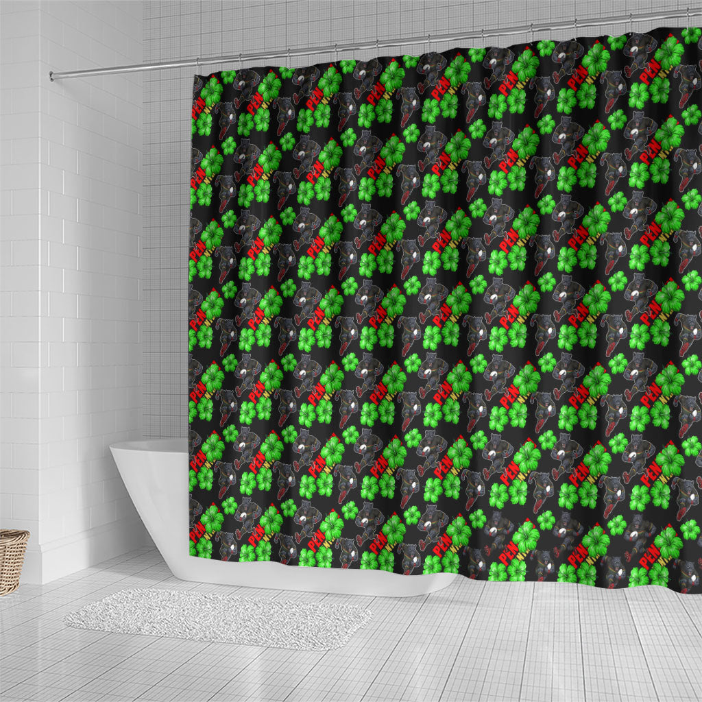 Penrith Panthers Shower Curtain Tropical Hibiscus Floral Seamless Rugby Mascot